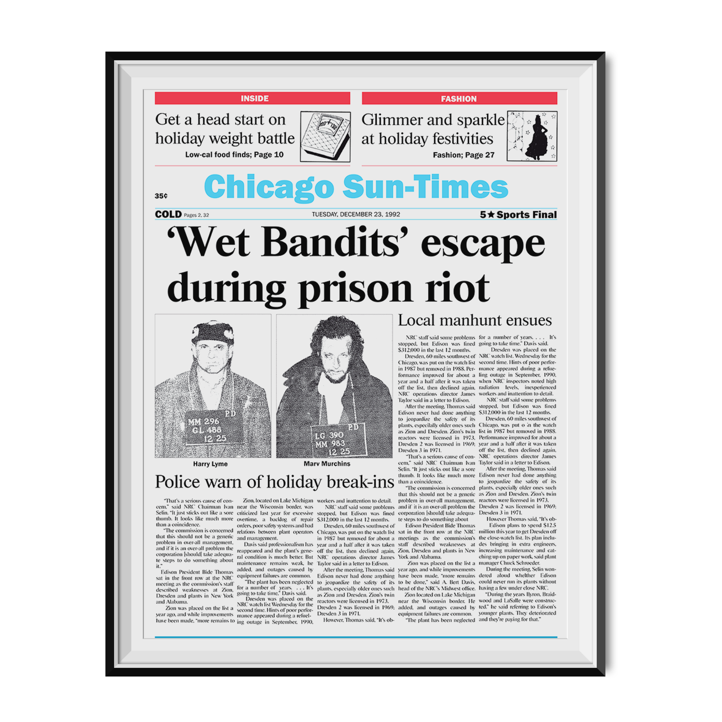 Wet Bandits Escape During Prison Riot Newspaper Article Poster