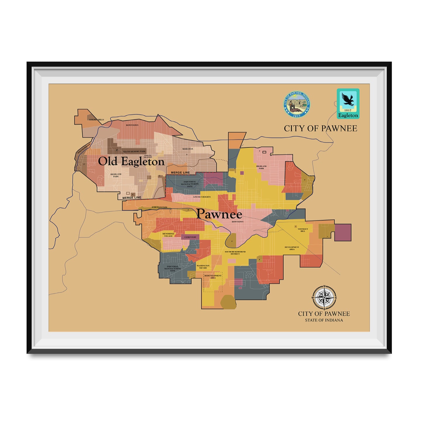 Ben Wyatt Office Pawnee Old Eagleton Merger Map Poster Print